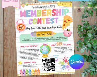 PTA Membership Contest Flyer Template, Pizza Party School Flyer, PTO Membership Drive, Elementary School PTA Flyer, Editable Canva Template