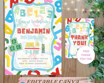 Boy ABC Birthday Invitation | Alphabet Birthday Party | Editable Canva Invitation | Kids Birthday Invitation + Thank You Tag