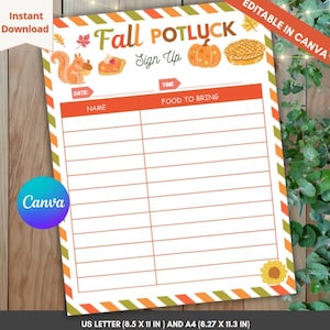 Anmälningslista för höstens knytkalas, anmälan till Thanksgiving-knytkalas, mall för knytkalaslista, anmälan till Friendsgiving, redigerbar Canva-mall