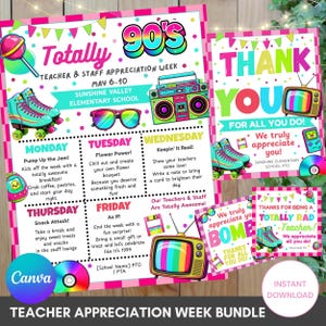 Op de afbeelding: Een Teacher Appreciation Week-bundel met een thema uit de jaren 90. Bevat afdrukbare posters met rolschaatsen, een boombox en een retro tv. De posters hebben tekst als "Bedankt" en dagelijkse activiteitideeën.