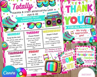 Editable canvas 90s Teacher Appreciation Week Bundle Printable, Totally Rad Teacher Staff Appreciation Kit, PTO PTA Appreciation Decor,