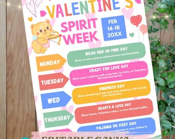Editable Canva Valentine’s Day Spirit Week Flyer | Elementary School Dress Up Days | Valentine Spirit Week| Instant Download