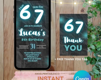 CANVA I was 6 now I'm Seven Neon Birthday Party Invitation, NEON 6-7 Boys Birthday video Invitation
