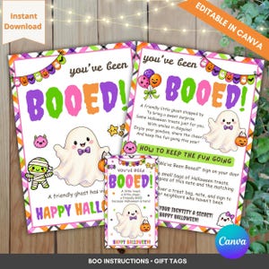 Puede incluir: Un conjunto de carteles y etiquetas de regalo de Halloween imprimibles con un fantasma blanco, una momia y banderines coloridos. El texto dice you've been BOOED, HAPPY HALLOWEEN e incluye instrucciones sobre cómo continuar la diversión.