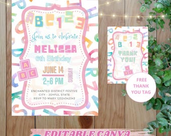 ABC Birthday Invitation | Alphabet Birthday Party | Editable Canva Invitation | Kids Birthday Invitation + Thank You Tag