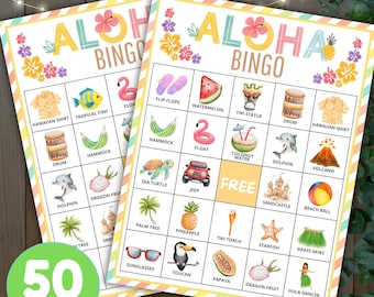 Aloha Bingo Printable, Luau Party Game for Kids, Tropical Summer Bingo Cards, Hawaiian Beach Birthday Activity, Classroom Game PDF