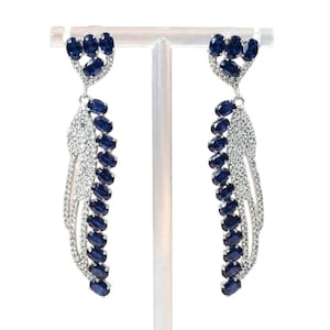 Blue Sapphire and Diamond Wing Dangle Earrings, Sterling Silver Blue Gemstone Long Drop Earrings, Elegant Statement Fine Jewelry Gift