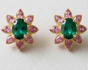 Brincos de pino florais com esmeralda cultivada em laboratório e turmalina rosa | Prata 925 banhada a ouro