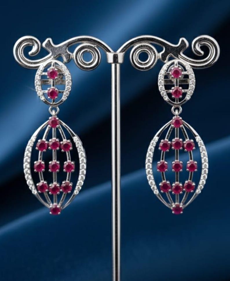 Brincos pendentes com rubis ovais, joias de prata de lei para casamento imagem 2