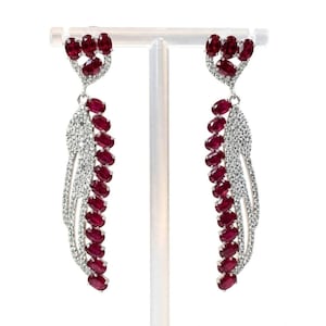 Handmade Ruby and Zircon Wing Dangle Earrings, 925 Sterling Silver Red Gemstone Long Drop Earrings, Elegant Statement Fine Jewelry Gift