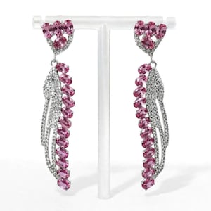 Pink Topaz and Zircon Wing Dangle Earrings, Sterling Silver Pink Gemstone Long Drop Earrings, Elegant Statement Fine Jewelry Gift