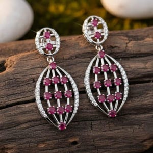 Oval Ruby Cluster Dangle Earrings, Sterling Silver Wedding Jewelry