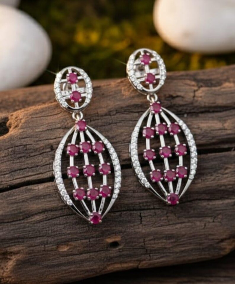 Brincos pendentes com rubis ovais, joias de prata de lei para casamento imagem 1