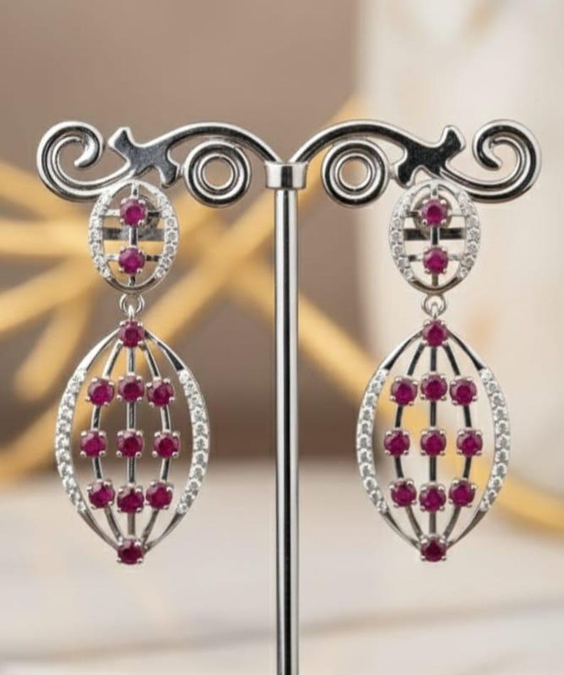 Brincos pendentes com rubis ovais, joias de prata de lei para casamento imagem 3