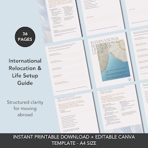 Puede incluir: Una guía imprimible de 36 páginas titulada "International Relocation & Life Setup Guide". Ofrece claridad estructurada para mudarse al extranjero. La portada presenta una escena de playa. Incluye una lista de verificación y una descripción general de las fases.
