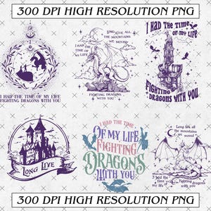 May include: Six digital art prints with a fantasy theme. Each print features dragons, castles, and related imagery in purple and blue hues. Text includes phrases such as "Fighting Dragons With You" and "Long Live."