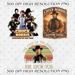 Puede incluir: Tres diseños gráficos con Chuck Norris. Un diseño muestra un collage de imágenes con el texto "Chuck Norris Greatest of All Time". Otro diseño dice "Chuck Norris Western Legend". El tercer diseño dice "The Eyes of the Ranger Are Upon You."