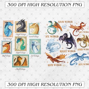 May include: A collection of dragon illustrations, including stamps and standalone images. The stamps feature various dragon types like SeaWings, NightWings, and RainWings. The standalone images showcase dragons with names like Sky Wings and Mud Wings. The text "300 DPI HIGH RESOLUTION PNG" is at the top and bottom.