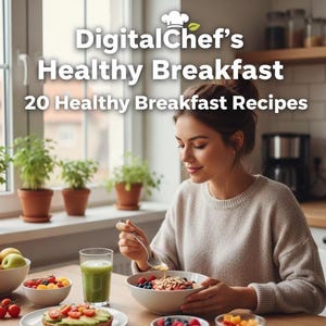 Puede incluir: Una mujer desayunando sano en una mesa de madera. La mesa está puesta con un bol de avena con bayas, un vaso de zumo verde y tostadas de aguacate. El texto "DigitalChef's Healthy Breakfast 20 Healthy Breakfast Recipes" es visible.