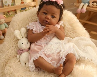 18 Inch Reborn Baby Doll Dark Skin Lifelike Newborn Vinyl Cloth Body Posable with Rooted Hair Realistic Gift