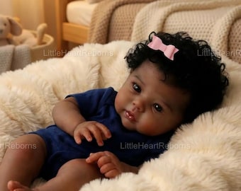20 Inch Dark Skin Reborn Baby Doll | African American Newborn with Hand Rooted Curly Hair | Soft Cloth Body Vinyl Doll