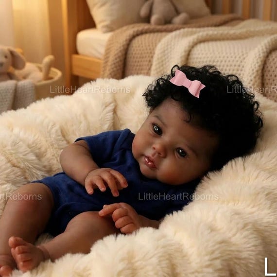 20 Inch Dark Skin Reborn Baby Doll | African American Newborn with Hand Rooted Curly Hair | Soft Cloth Body Vinyl Doll