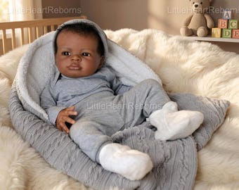 19 Inch Reborn Baby Doll Dark Skin Lifelike Newborn Vinyl Cloth Body with Rooted Hair Realistic African Baby Gift