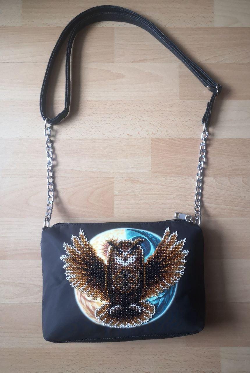 Hand Embroidered Owl Beaded Shoulder Bag, Czech Glass Beads, One of a Kind Purse