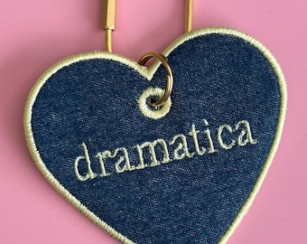 Dramatica denim embroidered heart bag tag | latina purse charm | girly keychain | cute gift for sister | friend gift