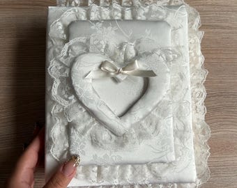 Customizable Vintage Wedding Photo Album, Personalized Embroidery, Lace Heart Keepsake Scrapbook