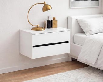 Modern Floating Nightstand with Two Drawers, Minimalist Bedroom Bedside Table