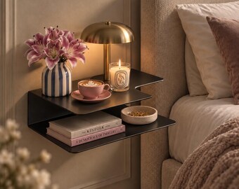 Wall Mounted Metal Bedside Shelf – 2-Tier Floating Nightstand for Books, Phone & Decor, Left or Right Installation