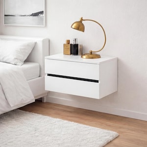 Comodino minimalista bianco con cassetti sospesi, comodino per camera da letto