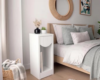 White Narrow Nightstand with Drawer: Slim Bedside Table for Small Bedroom