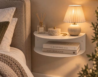 Curved Metal Floating Nightstand – Two-Tier Wall Mounted Bedside Shelf, Half Moon Bedroom Storage, Custom Size