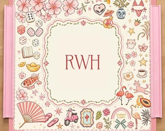 Personlig rosa, nyckfullt mixmotiv Mahjongmatta, körsbärsblommor och Koi Preppy, anpassad monogramspelbordstoppning