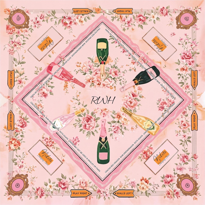May include: A square scarf with a light pink background featuring a floral pattern of pink roses. The design includes five champagne bottles in various colors, the letters RWH, and text reading Nikita Mahjong Sets, Walls Left, Play Right, and game rules.