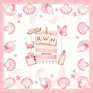 May include: A square pink and white patterned textile featuring a border of various pink seashells and starfish. The centre displays a pink striped towel with the letters RWH, a mahjong tile rack, a crab, a tote bag, a butterfly, and a bottle.