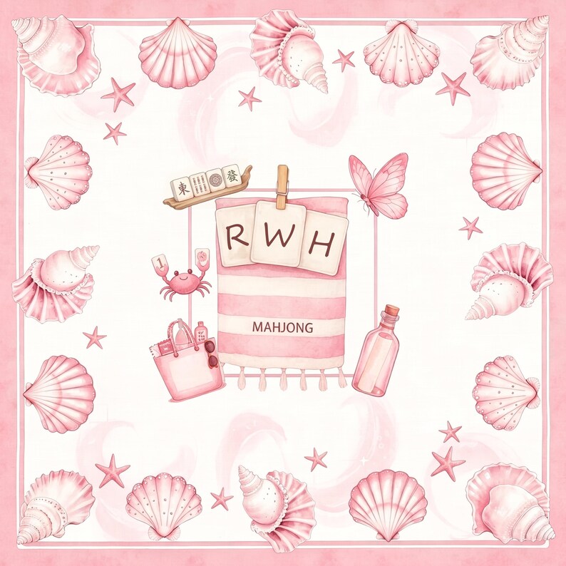May include: A square pink and white patterned textile featuring a border of various pink seashells and starfish. The centre displays a pink striped towel with the letters RWH, a mahjong tile rack, a crab, a tote bag, a butterfly, and a bottle.