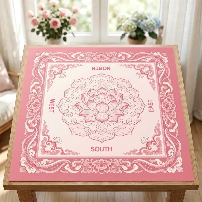 May include: A square pink and white mat featuring a central lotus flower design surrounded by intricate floral and cloud patterns. The words NORTH, SOUTH, EAST, and WEST are printed in the center of each side of the square border.