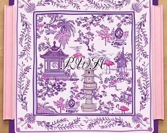Personlig lila & rosa Chinoiserie Mahjong-matta, Flamingo Pagoda Anpassad monogram Amerikansk Mahjong-bordsdekoration