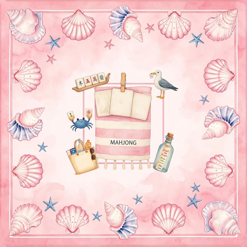 May include: A square pink scarf featuring a border of watercolor seashells and blue starfish. The center displays a beach towel with the word MAHJONG, a crab holding a tile, a seagull, a tote bag, and a glass bottle with a message inside.