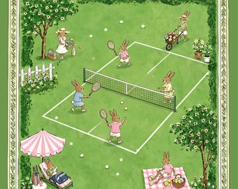 Personlig Preppy Bunny Pickleball Mahjongmatta, Grön Lantlig Trädgårdspicknick Anpassad Monogram Amerikansk Mahjong Bordsdekoration