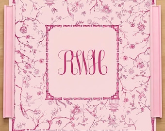 Personalized Pink Chinoiserie Mahjong Mat, Monogrammed Floral & Bird Bamboo Frame Game Mat, Custom Table Topper