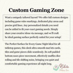 May include: A rectangular gaming mat advertisement featuring the text Custom Gaming Zone. The text describes custom designs with game rules, grid lines, and play areas. It highlights an ultra-smooth surface, soft padded bottom, and noise reduction.