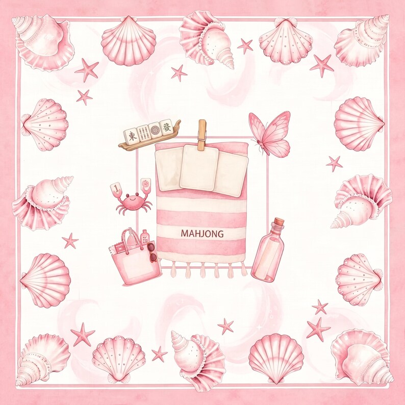 May include: A square textile featuring a pink and white striped towel with the word MAHJONG printed on it, surrounded by a border of pink seashells and starfish. The design includes a crab, a tote bag, a bottle, and a butterfly in pink tones.