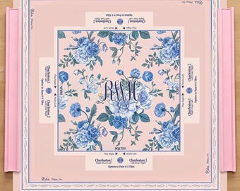 Personlig rosa & blå pion mahjongmatta, Charleston-regel anpassad monogram amerikansk mahjong-bordsdekoration
