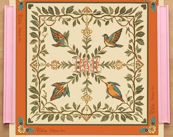 Personlig vintage orange fågel Mahjongmatta, Art Nouveau blommigt monogram amerikansk Mahjong bordsdekoration