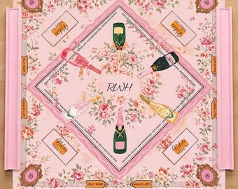 Personalized Pink Champagne Mahjong Mat, Floral Preppy American Mahjong Mat, Custom Monogram Charleston Game Mat