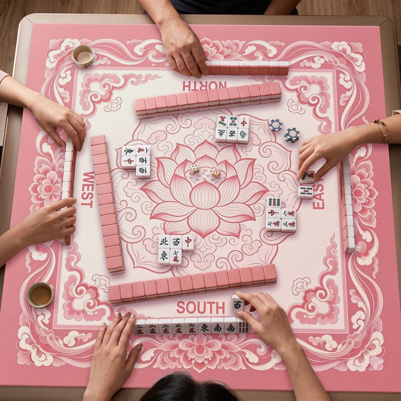May include: A square mahjong table mat featuring a pink and white lotus flower pattern with labeled North, South, East, and West positions. The mat is set with rows of pink mahjong tiles, scattered individual tiles with Chinese characters, and two dice.